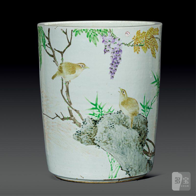 清光绪 金品卿风格浅绛彩紫藤鸣禽图画缸